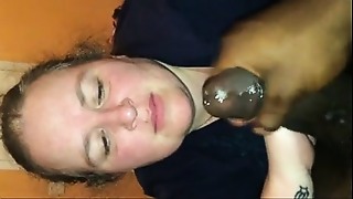 Chubby black BBW gets her tongue drenched in cum by white stud